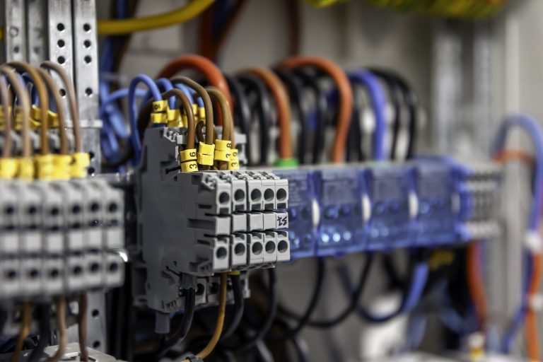 Electrical panel with fuses and contactors, close-up